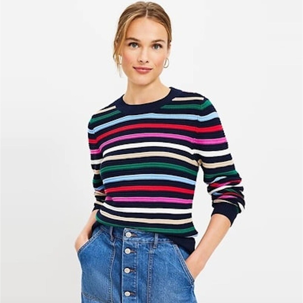 LOFT Sweater Women Medium Blue Striped Pullover Cotton Crew Neck Casual